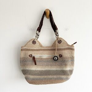 The Sak Indio Crochet Neutral Color Shoulder Purse Bag Braided Straps Tan Grey
